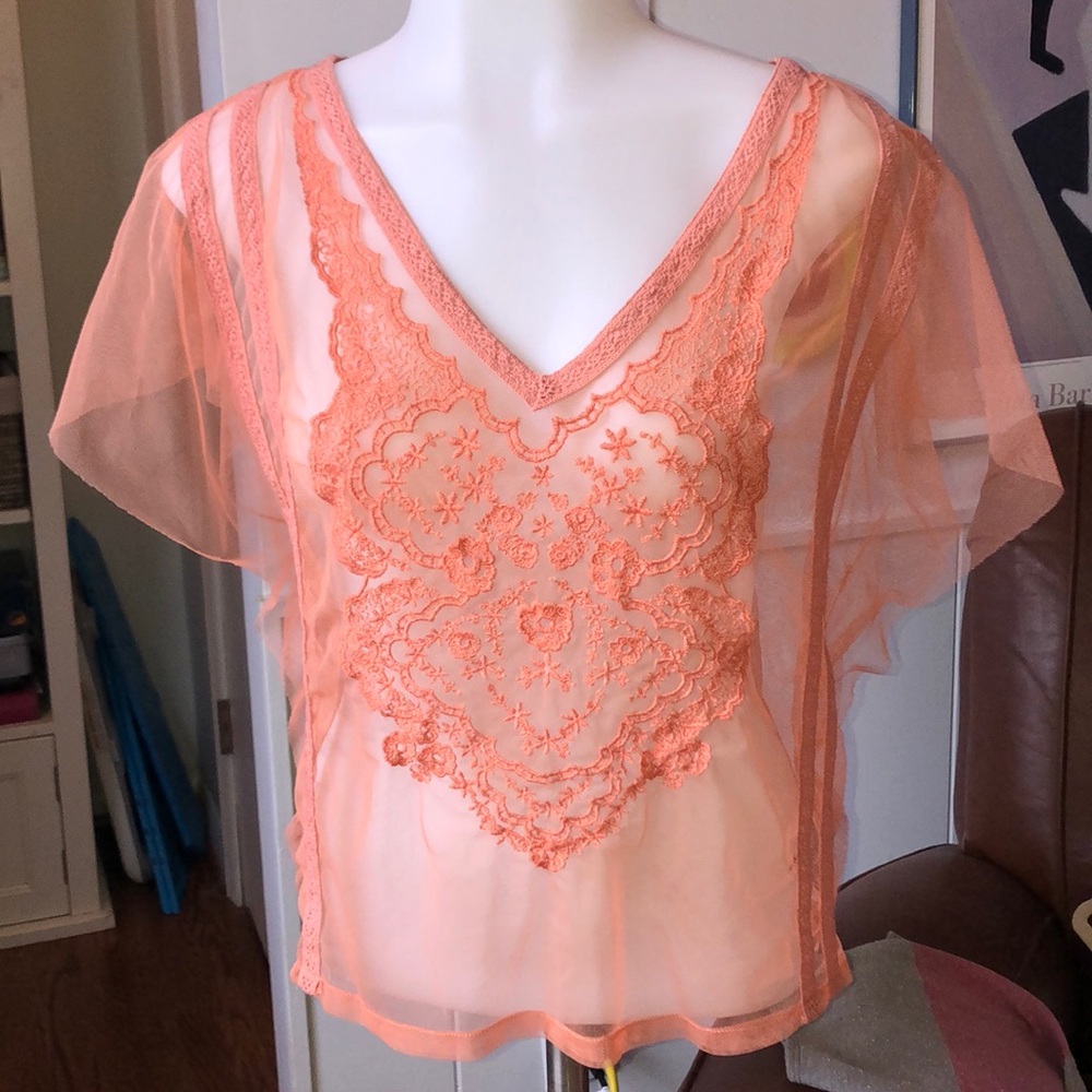 Embroidered Tulle Blouse w Flutter Sleeve